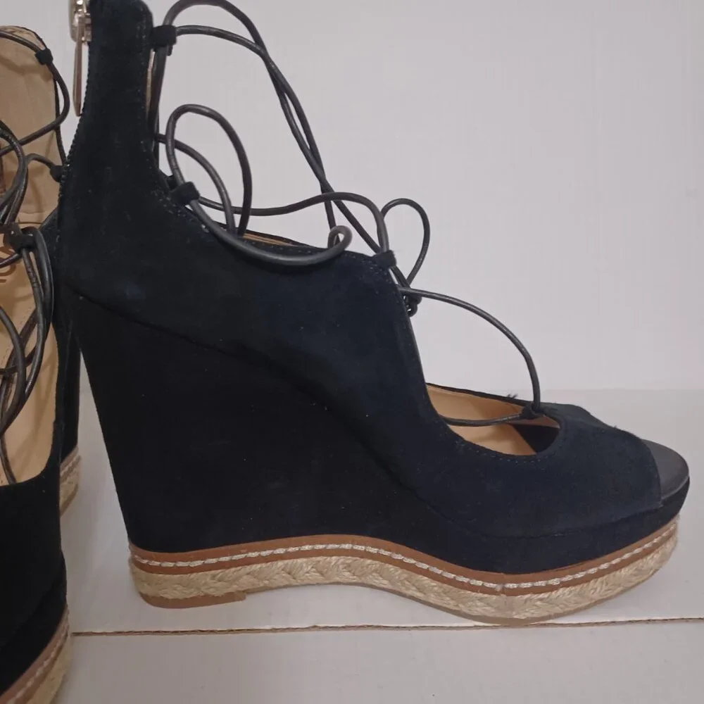 SAM EDELMAN HARRIET SUEDE ESPADRILLE WEDGE PLATFORM SANDALS BLACK SIZE 7.5